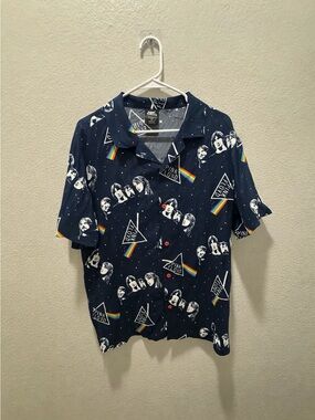 Pink Floyd Navy Button-Up Shirt with Rainbow Prism Details